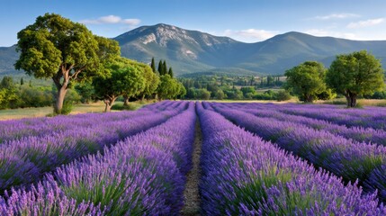 Blooming lavender field in provence with majestic mountain view at sunrise