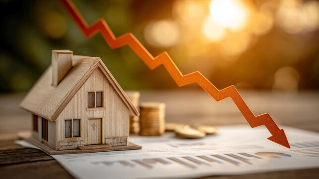 Housing Market Downturn: A symbolic miniature house and a falling red arrow illustrate the concept of decreasing housing prices.