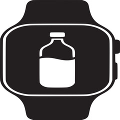 A black and white illustration of a smart watch displaying a bottle of liquid on the screen icon