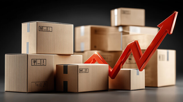 Rising Supply: A composition of stacked shipping boxes underscores the surge in the growth of supply chains, amplified by a red rising arrow, conveying a sense of prosperity and expansion. 