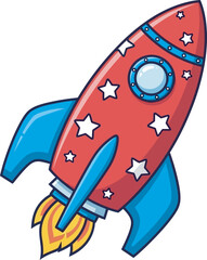 A vibrant red cartoon rocket ship decorated with white stars and blue fins blasting off with fiery flames