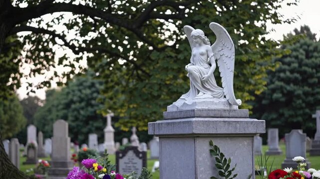 Beauty found in cemetery, depicted by white angelic figure statue on gravestone, representing enduring love and affection beyond death