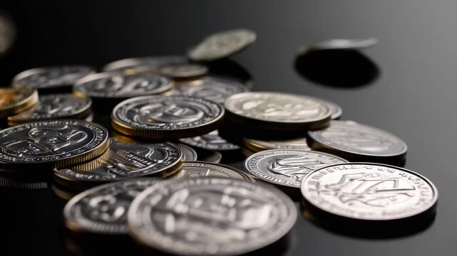 direct overhead shot of various coins including euros and cents placed on solid black background, related to online shopping and finance