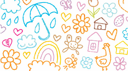 Colorful crayon drawing featuring an umbrella, hearts, flowers, clouds, a rainbow, and other whimsical shapes silhouette