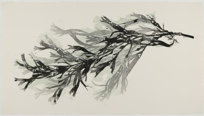 Elegant botanical study of seaweed, showcasing delicate fronds in a monochrome artistic print