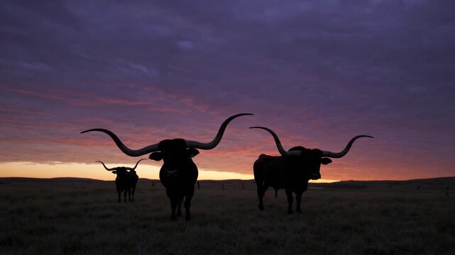 Three longhorn cattle silhouetted against vividly colored sunset sky