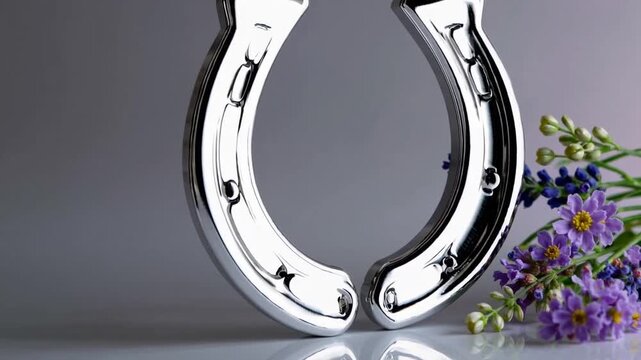 U-Shaped Metal Object with Unmarked Area for Inscription and Space for Text Silver metallic equine shoe with floral arrangements and space for text american