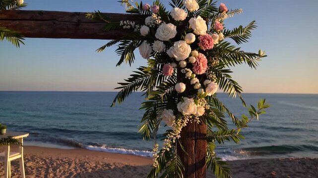 decorative arch structure for outdoor destination wedding ceremony adorned with abundant flower arrangements