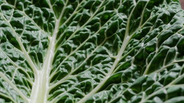 Vibrant Crinkled Savoy Cabbage Leaf Showcasing Its Superfood Qualities and Unique Textural Surface