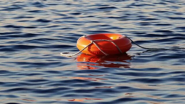 Floating Safety Ring Buoy Thrown into Body of Water for Rescue