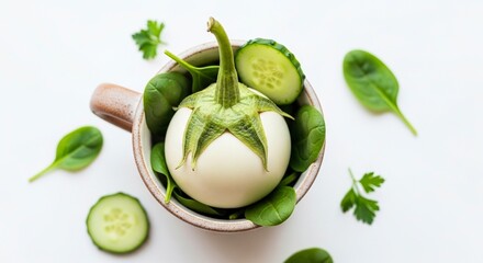 White eggplant in cup with spinach cucumber parsley on white background topdown view