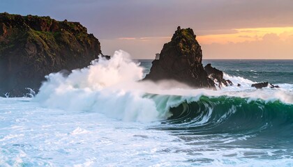 Dramatic ocean waves crashing against rocky shore at sunset