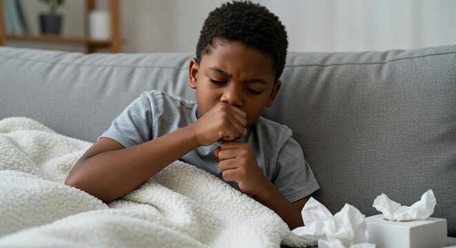 Sick boy covered in blanket coughing on couch with tissue boxes beside