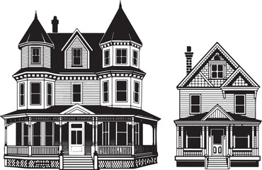 A set of two black and white vector illustrations showcasing detailed vintage Victorian houses, from a grand mansion to a classic cottage.