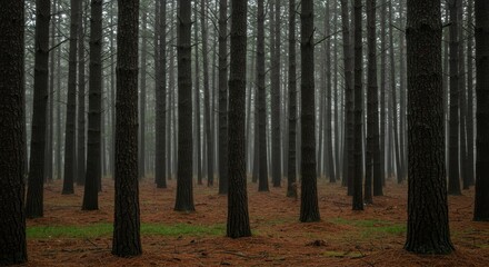 Tall dark pine trees stand in rows in a serene, misty forest during the day