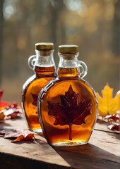 Glass Maple Syrup Bottles on Rustic Wood Table with Autumn Leaves