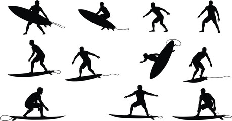 Surfer silhouette action poses, surfing stance variations, beach lifestyle illustration, ocean sport activity, coastal adventure art, summer water sports vector design