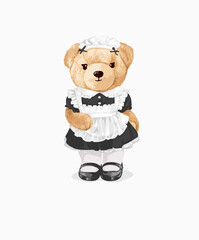 bear doll in maid uniform vector illustration - drawn by hand