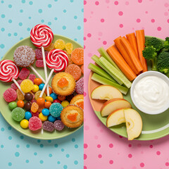 Vibrant split screen showcases healthy snacks versus sugary treats, appealing to nutrition choices and lifestyle decisions for modern wellness.