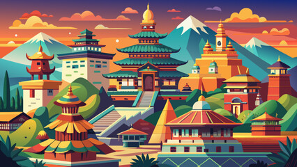 Fototapeta premium The Kathmandu Valley in Nepal radiates cultural richness, where palaces, pagoda temples, and stone sculptures display centuries of Himalayan artistry and spiritual devotion across historic royal squar