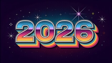 Bold Metallic Chrome 2026 with Neon Gradients, Stickers, and Sparkles &ndash; Nostalgic 2000s Style, Y2K Futuristic Typography, Colorful Retro Design
