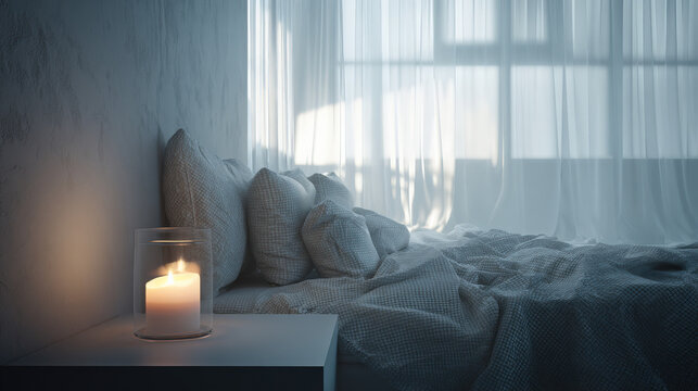 minimalist bedroom lit by moonlight through sheer curtains aromatic candle flickering on nightstand neat pillows illustration concept scene visual for commercial design use high detail quality stock