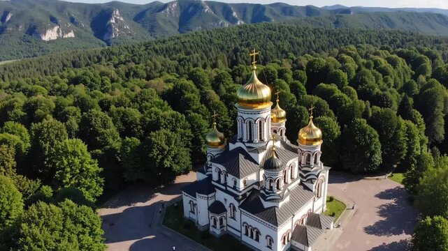 Aerial Drone Footage of the Shipka Memorial Russian Church in the Town of Shipka Bulgaria