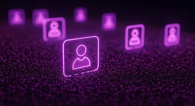 Digital network of glowing square user icons. Social networking, human resources, and database concepts. An array of user profiles representing an online community or workforce.