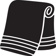 A simple black and white graphic of a rolled towel with stripes at the bottom on a white background