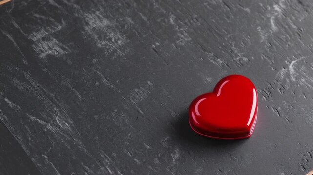 red heart-shaped box filled with candies, presented on rustic black chalkboard background
