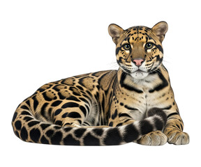Obraz premium A majestic clouded leopard is captured in a resting position on a clean, white background.