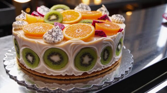 Decadent Fresh Fruit Custard Cake Decorated with Kiwi, Oranges, Dragon Fruit, Almonds, and Cream Frosting