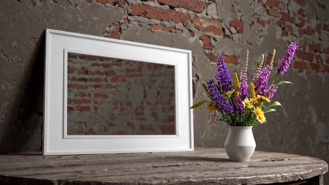 White Landscape-Oriented Frame Mockup Containing Bouquet of Wildflowers in Decorative Vase