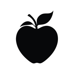 Black silhouette illustration of an apple with leaves and stem isolated, apple with heart silhouette vector illustration