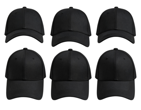 Classic Black Cap Mockup with Adjustable Strap, Multiple Perspectives, Isolated on Transparent Background