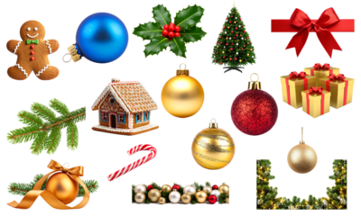 Festliches Weihnachtsdeko-Set mit Tannenzweig, Kugel, Tannenbaum und Lebkuchen