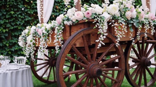 Antique Wooden Transport Vehicle Employed as Ornamental Decoration for Nuptial Celebration.