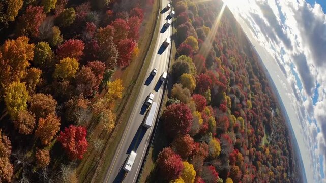 Multiple large trucks driving and turning on highway road towards the distant horizon under autumn landscape with sunlight breaking through clouds in the sky