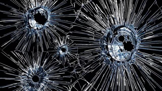 Collection Set of Broken Glass Cracks and Bullet Hole Impacts on Glass Against Black Background