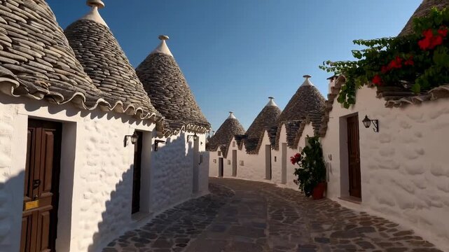 Traditional Trulli Stone Huts with Conical Roofs in Alberobello, Puglia