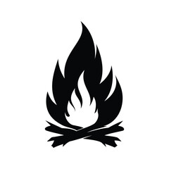 Striking black and white silhouette of a campfire on a white background, campfire flame icon silhouette vector illustration