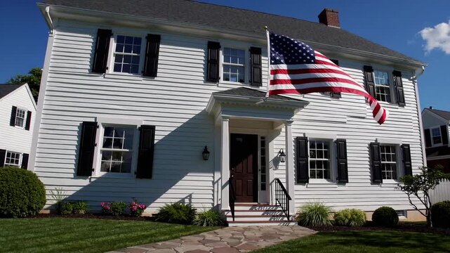 Contemporary customized New England style colonial residence featuring American flag displayed on sunny day house