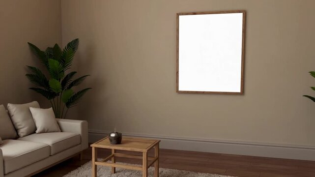 Vertical Interior Wall Display Mock-Up in Comfortable Uncomplicated Lounge Area Poster Wood Framed Empty Picture Element Three-Dimensional Render