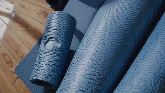 Top-Down Perspective of Athletic Footwear Positioned Adjacent to Exercise Mat on Solid Timber Surface