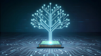 Fototapeta premium Glowing circuit board tree of knowledge emerges from microchip
