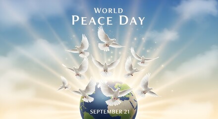 Celebrate world peace day september twenty first with doves and earth illustration