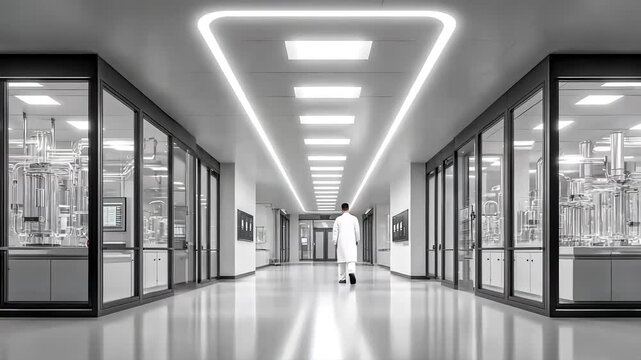 Researchers Walk Through Lab Corridor Focused on Forward Progress