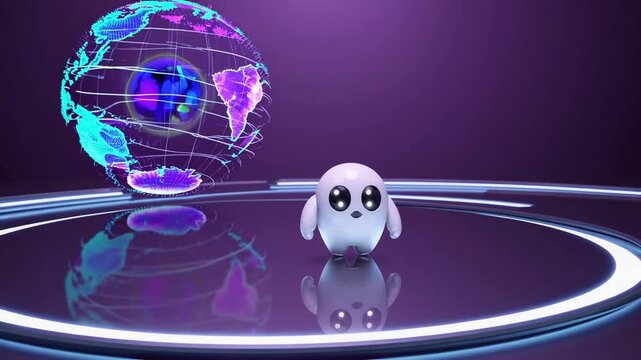 Cute futuristic robot character interacting with holographic globe projection on purple background representing intelligent technology