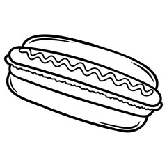 Simple black and white line drawing of hot dog in bun