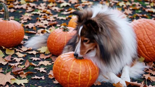 Canine Companion Resting Head Upon Autumn Harvest Pumpkin Display Featuring Shetland Sheepdog Breed